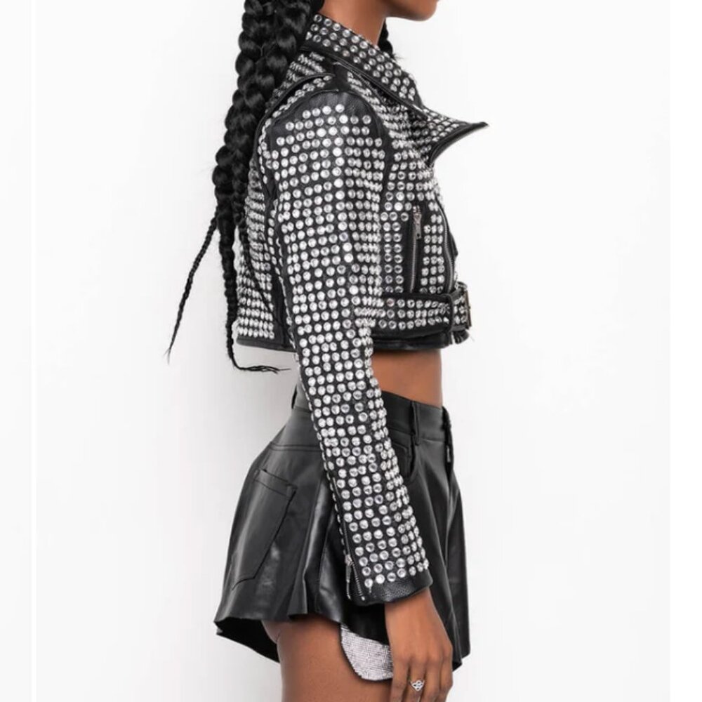 Callie Lives Xena 3006 Black AZALEA WANG 3000 Rhinestone Studded Moto Jacket ML - Picture 8 of 14